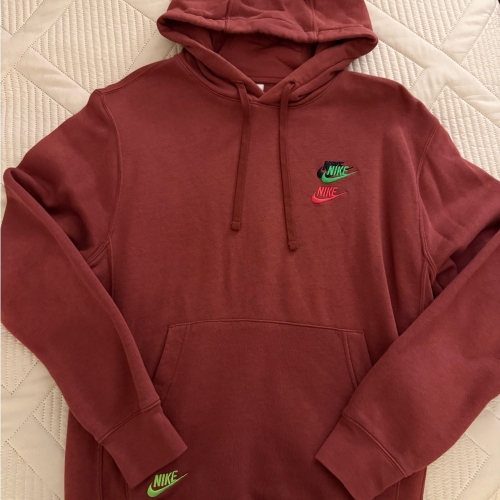 Nike Men's Maroon Hoodie with Green and Pink Accents